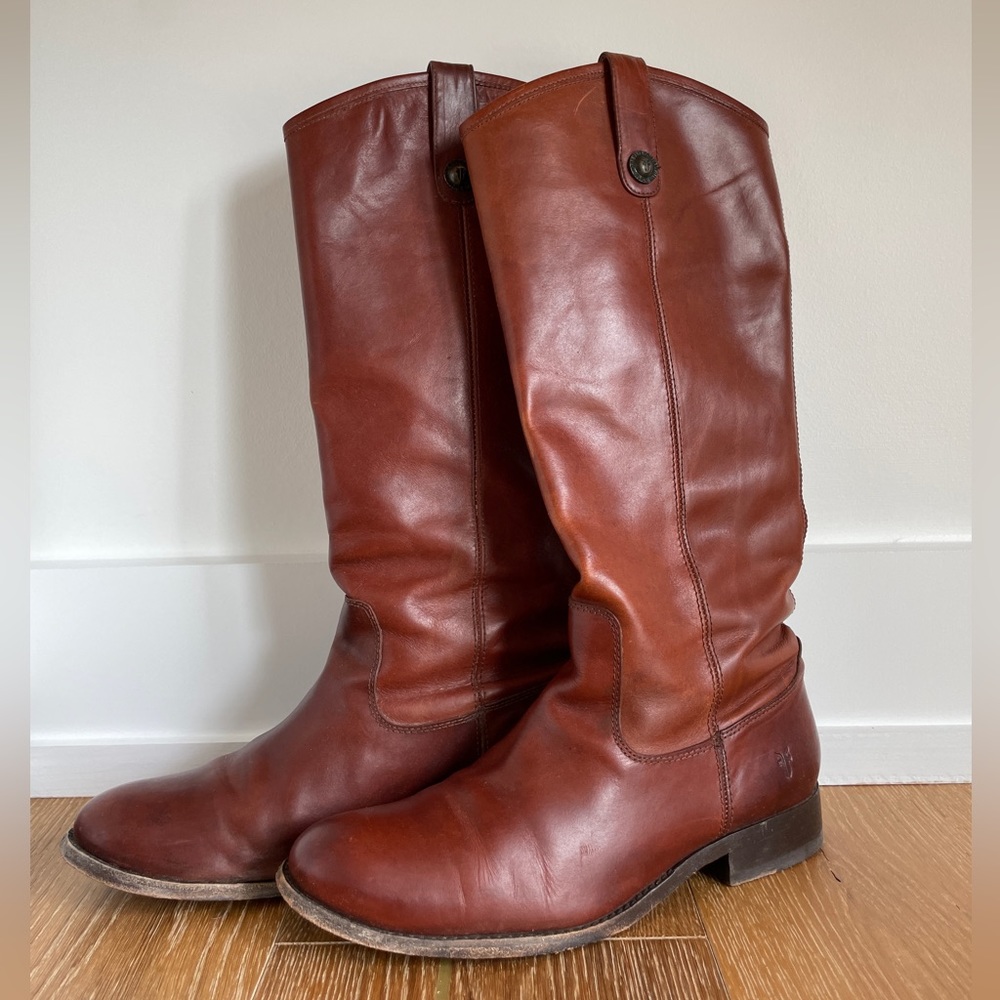 Frye Melissa Button Brown Leather Riding Boots - Size 9 in Cognac